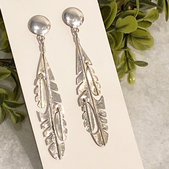 Native American Sterling Silver Dangle Long Feather Earrings Vintage - Picture 5 of 7
